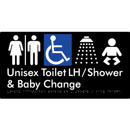 Unisex Accessible Toilet LH / Shower / Baby Change w/ Air Lock - Braille Tactile Signs Aust.