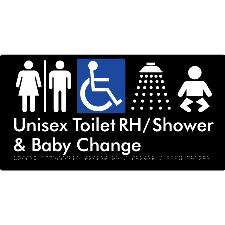 Unisex Accessible Toilet RH / Shower / Baby Change w/ Air Lock - Braille Tactile Signs Aust.