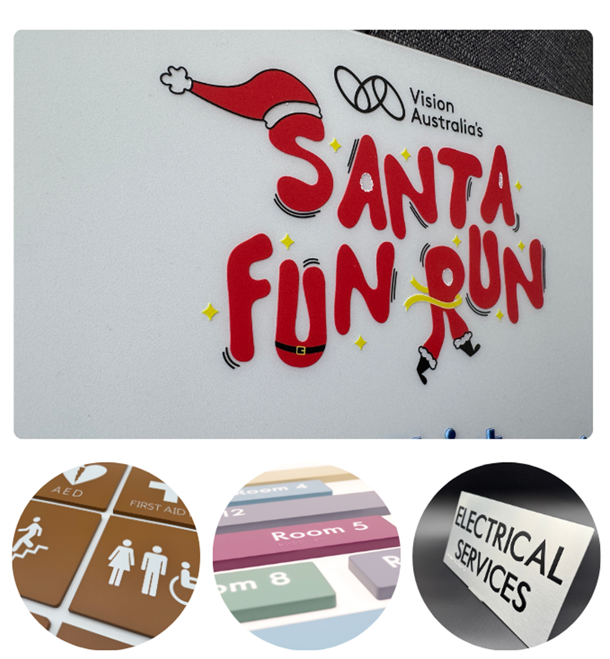 A white sign with raised red lettering reading 'SANTA FUN RUN,' decorated with a Santa hat, small yellow star accents, and a small Santa figure. Three circular inset photos at the bottom show other sign examples: medical room icons, room numbers, and an electrical services panel.