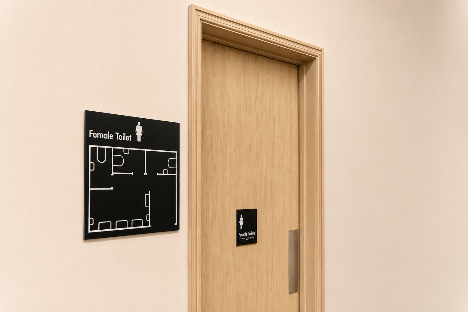 Wooden door with black sign with 'Female Toilet' text and tactile floor plan on a beige wall.