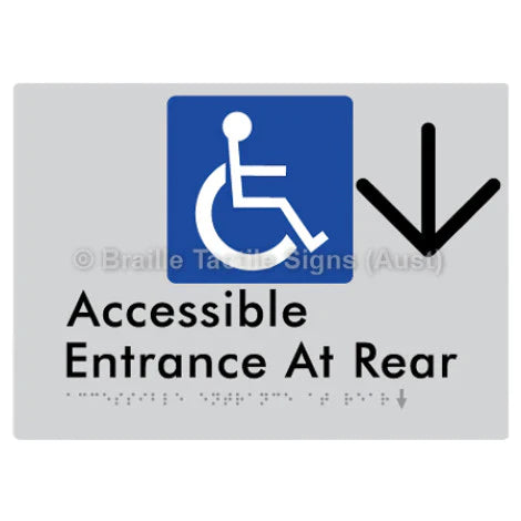 Braille Sign Accessible Entrance at Rear w/ Large Arrow - Braille Tactile Signs (Aust) - BTS203->D-slv - Fully Custom Signs - Fast Shipping - High Quality - Australian Made & Owned
