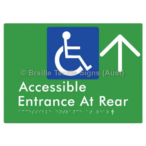 Braille Sign Accessible Entrance at Rear w/ Large Arrow - Braille Tactile Signs (Aust) - BTS203->U-grn - Fully Custom Signs - Fast Shipping - High Quality - Australian Made & Owned