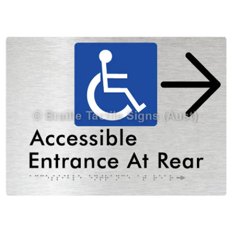 Braille Sign Accessible Entrance at Rear w/ Large Arrow - Braille Tactile Signs (Aust) - BTS203->R-aliB - Fully Custom Signs - Fast Shipping - High Quality - Australian Made & Owned