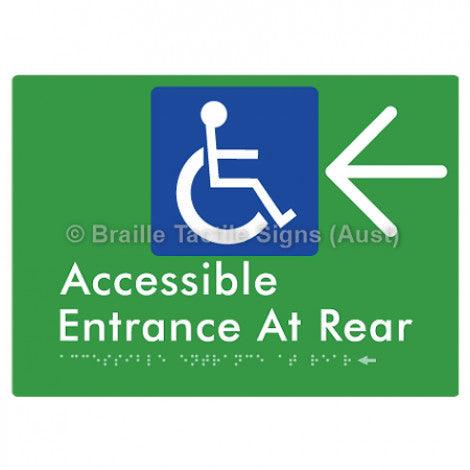 Braille Sign Accessible Entrance at Rear w/ Large Arrow - Braille Tactile Signs (Aust) - BTS203->L-grn - Fully Custom Signs - Fast Shipping - High Quality - Australian Made & Owned