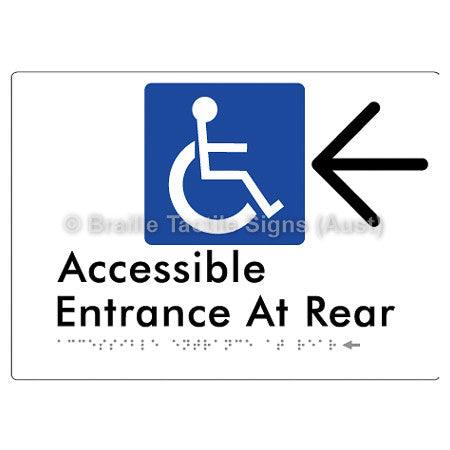Braille Sign Accessible Entrance at Rear w/ Large Arrow - Braille Tactile Signs (Aust) - BTS203->L-wht - Fully Custom Signs - Fast Shipping - High Quality - Australian Made & Owned
