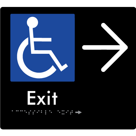 Braille Sign Accessible Exit with Large Arrow - Braille Tactile Signs Aust. - BTS288->R-blk - Custom Signs - Fast Shipping - High Quality - Australian Made & Owned
