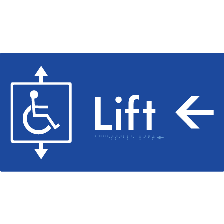 Braille Sign Accessible Lift with Arrow - Braille Tactile Signs Aust. - BTS96->L-blu - Custom Signs - Fast Shipping - High Quality - Australian Made & Owned