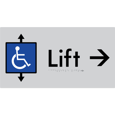 Braille Sign Accessible Lift with Arrow - Braille Tactile Signs Aust. - BTS96->R-slv - Custom Signs - Fast Shipping - High Quality - Australian Made & Owned