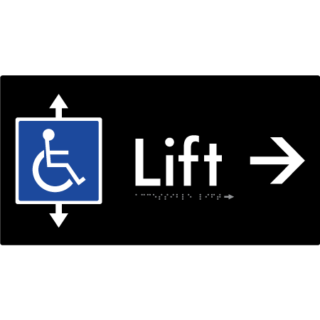 Braille Sign Accessible Lift with Arrow - Braille Tactile Signs Aust. - BTS96->R-blk - Custom Signs - Fast Shipping - High Quality - Australian Made & Owned