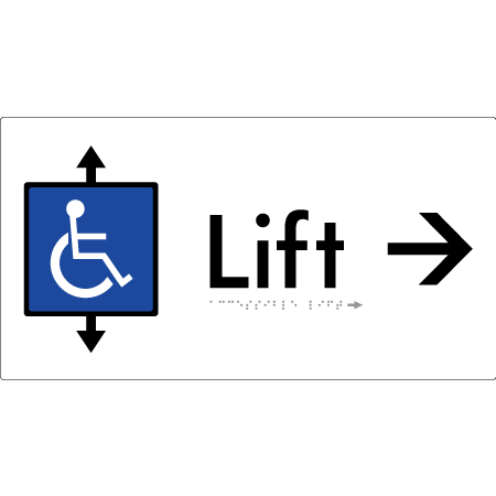 Braille Sign Accessible Lift with Arrow - Braille Tactile Signs Aust. - BTS96->R-wht - Custom Signs - Fast Shipping - High Quality - Australian Made & Owned