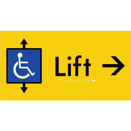 Braille Sign Accessible Lift with Arrow - Braille Tactile Signs Aust. - BTS96->R-yel - Custom Signs - Fast Shipping - High Quality - Australian Made & Owned