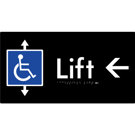 Braille Sign Accessible Lift with Arrow - Braille Tactile Signs Aust. - BTS96->L-blk - Custom Signs - Fast Shipping - High Quality - Australian Made & Owned