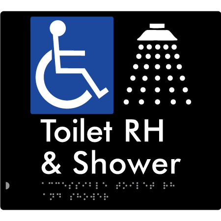 Braille Sign Accessible Toilet & Shower LH / RH - Braille Tactile Signs Aust. - BTS368RH-blk - Custom Signs - Fast Shipping - High Quality - Australian Made & Owned