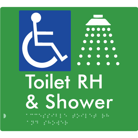 Braille Sign Accessible Toilet & Shower LH / RH - Braille Tactile Signs Aust. - BTS368RH-grn - Custom Signs - Fast Shipping - High Quality - Australian Made & Owned