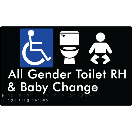 Braille Sign All Gender Accessible Toilet LH / RH & Baby Change - Braille Tactile Signs Aust. - BTS380RH-blk - Custom Signs - Fast Shipping - High Quality - Australian Made & Owned