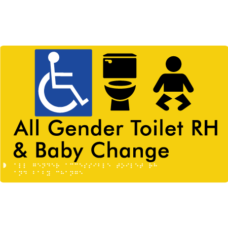 Braille Sign All Gender Accessible Toilet LH / RH & Baby Change - Braille Tactile Signs Aust. - BTS380RH-yel - Custom Signs - Fast Shipping - High Quality - Australian Made & Owned