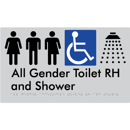 Braille Sign All Gender Accessible Toilet LH / RH & Shower - Braille Tactile Signs Aust. - BTS349RH-slv - Custom Signs - Fast Shipping - High Quality - Australian Made & Owned