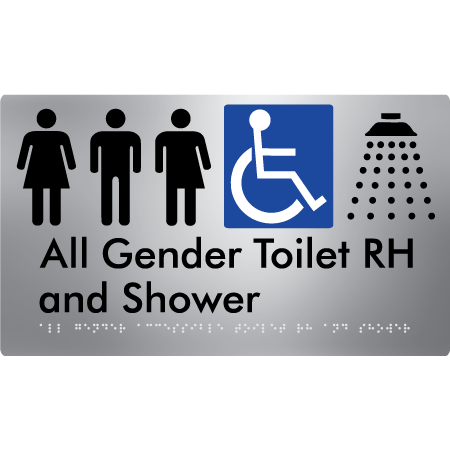 Braille Sign All Gender Accessible Toilet LH / RH & Shower - Braille Tactile Signs Aust. - BTS349RH-aliS - Custom Signs - Fast Shipping - High Quality - Australian Made & Owned