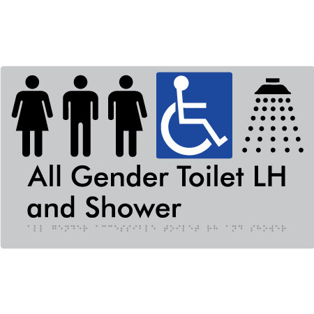 Braille Sign All Gender Accessible Toilet LH / RH & Shower - Braille Tactile Signs Aust. - BTS349LH-slv - Custom Signs - Fast Shipping - High Quality - Australian Made & Owned