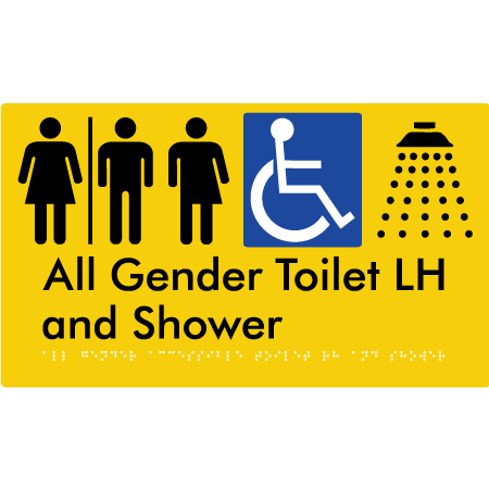 Braille Sign All Gender Accessible Toilet LH / RH & Shower with Air Lock - Braille Tactile Signs Aust. - BTS349LH-AL-yel - Custom Signs - Fast Shipping - High Quality - Australian Made & Owned