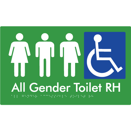 Braille Sign All Gender Accessible Toilet LH / RH - Braille Tactile Signs Aust. - BTS348RH-grn - Custom Signs - Fast Shipping - High Quality - Australian Made & Owned