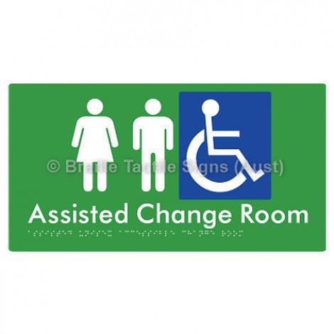 Braille Sign Assisted Unisex Accessible Change Room - Braille Tactile Signs (Aust) - BTS199-grn - Fully Custom Signs - Fast Shipping - High Quality - Australian Made & Owned
