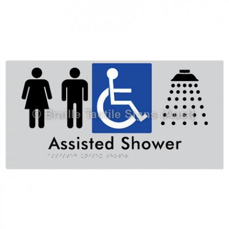 Braille Sign Assisted Unisex Shower - Braille Tactile Signs (Aust) - BTS149-slv - Fully Custom Signs - Fast Shipping - High Quality - Australian Made & Owned