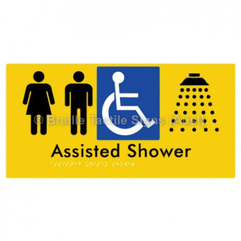 Braille Sign Assisted Unisex Shower - Braille Tactile Signs (Aust) - BTS149-yel - Fully Custom Signs - Fast Shipping - High Quality - Australian Made & Owned