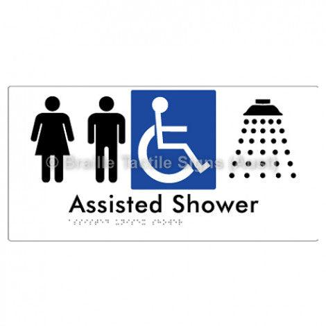 Braille Sign Assisted Unisex Shower - Braille Tactile Signs (Aust) - BTS149-wht - Fully Custom Signs - Fast Shipping - High Quality - Australian Made & Owned