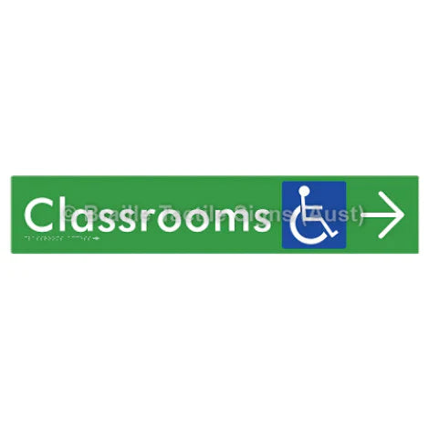 Braille Sign Classrooms Access w/ Large Arrow - Braille Tactile Signs (Aust) - BTS192->R-grn - Fully Custom Signs - Fast Shipping - High Quality - Australian Made & Owned