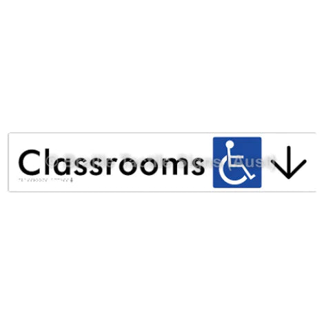 Braille Sign Classrooms Access w/ Large Arrow - Braille Tactile Signs (Aust) - BTS192->D-wht - Fully Custom Signs - Fast Shipping - High Quality - Australian Made & Owned