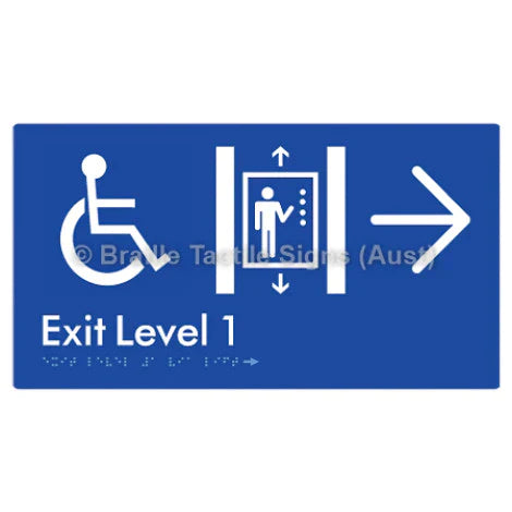 Braille Sign Exit Level 1 Via Lift w/ Large Arrow - Braille Tactile Signs (Aust) - BTS271->R-blu - Fully Custom Signs - Fast Shipping - High Quality - Australian Made & Owned