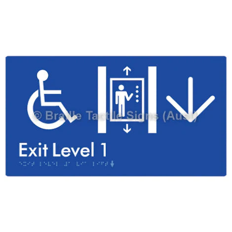 Braille Sign Exit Level 1 Via Lift w/ Large Arrow - Braille Tactile Signs (Aust) - BTS271->D-blu - Fully Custom Signs - Fast Shipping - High Quality - Australian Made & Owned