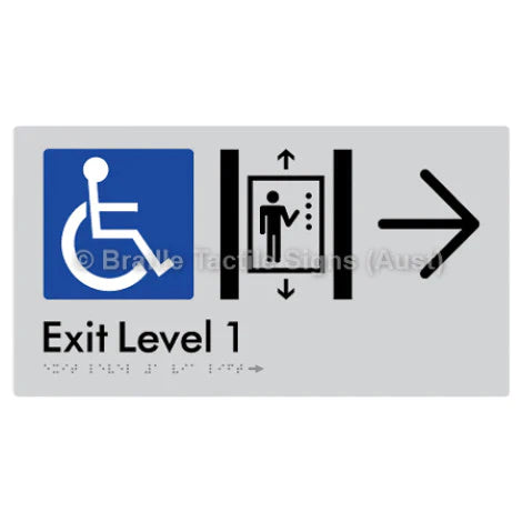 Braille Sign Exit Level 1 Via Lift w/ Large Arrow - Braille Tactile Signs (Aust) - BTS271->R-slv - Fully Custom Signs - Fast Shipping - High Quality - Australian Made & Owned