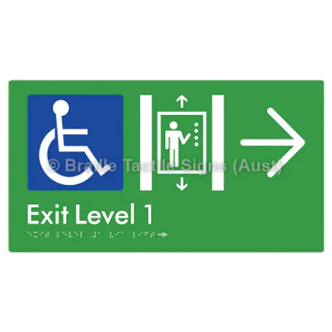 Braille Sign Exit Level 1 Via Lift w/ Large Arrow - Braille Tactile Signs (Aust) - BTS271->R-grn - Fully Custom Signs - Fast Shipping - High Quality - Australian Made & Owned