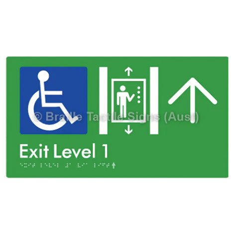 Braille Sign Exit Level 1 Via Lift w/ Large Arrow - Braille Tactile Signs (Aust) - BTS271->U-grn - Fully Custom Signs - Fast Shipping - High Quality - Australian Made & Owned