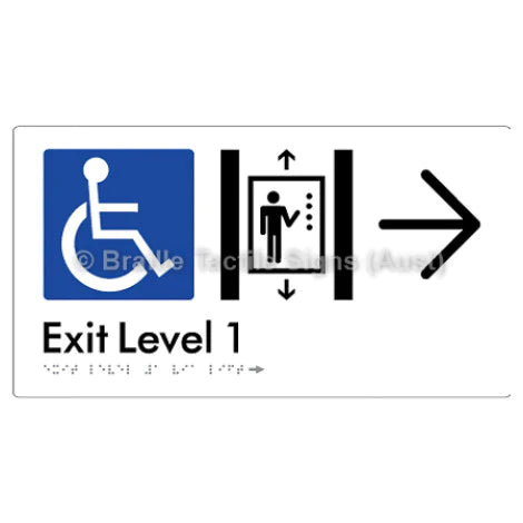 Braille Sign Exit Level 1 Via Lift w/ Large Arrow - Braille Tactile Signs (Aust) - BTS271->R-wht - Fully Custom Signs - Fast Shipping - High Quality - Australian Made & Owned