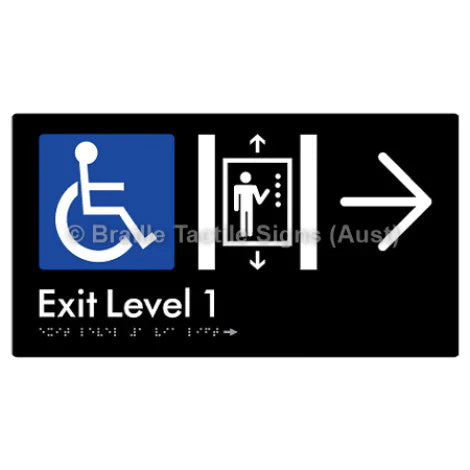 Braille Sign Exit Level 1 Via Lift w/ Large Arrow - Braille Tactile Signs (Aust) - BTS271->R-blk - Fully Custom Signs - Fast Shipping - High Quality - Australian Made & Owned