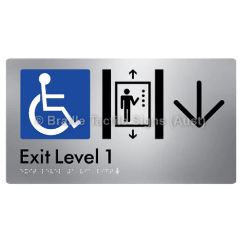 Braille Sign Exit Level 1 Via Lift w/ Large Arrow - Braille Tactile Signs (Aust) - BTS271->D-aliS - Fully Custom Signs - Fast Shipping - High Quality - Australian Made & Owned