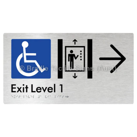 Braille Sign Exit Level 1 Via Lift w/ Large Arrow - Braille Tactile Signs (Aust) - BTS271->R-aliB - Fully Custom Signs - Fast Shipping - High Quality - Australian Made & Owned
