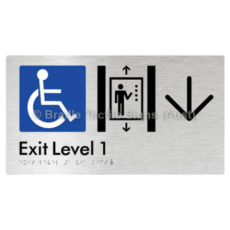 Braille Sign Exit Level 1 Via Lift w/ Large Arrow - Braille Tactile Signs (Aust) - BTS271->D-aliB - Fully Custom Signs - Fast Shipping - High Quality - Australian Made & Owned