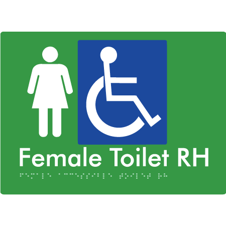 Braille Sign Female Accessible Toilet LH / RH - Braille Tactile Signs Aust. - BTS05RHn-grn - Custom Signs - Fast Shipping - High Quality - Australian Made & Owned