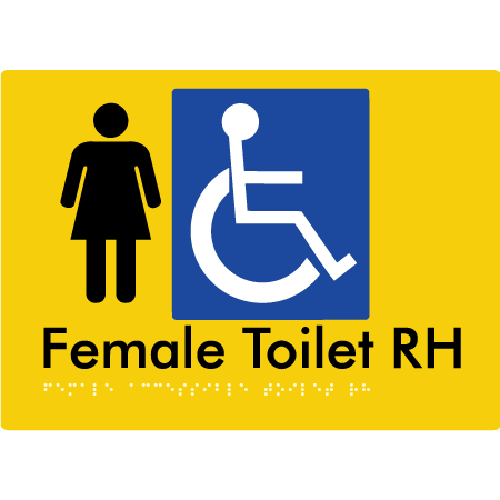 Braille Sign Female Accessible Toilet LH / RH - Braille Tactile Signs Aust. - BTS05RHn-yel - Custom Signs - Fast Shipping - High Quality - Australian Made & Owned
