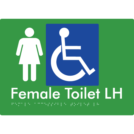Braille Sign Female Accessible Toilet LH / RH - Braille Tactile Signs Aust. - BTS05LHn-grn - Custom Signs - Fast Shipping - High Quality - Australian Made & Owned