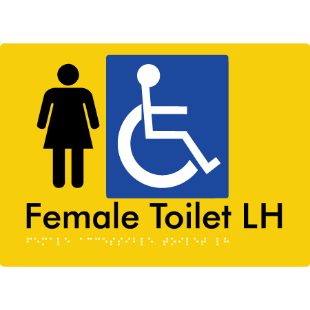 Braille Sign Female Accessible Toilet LH / RH - Braille Tactile Signs Aust. - BTS05LHn-yel - Custom Signs - Fast Shipping - High Quality - Australian Made & Owned