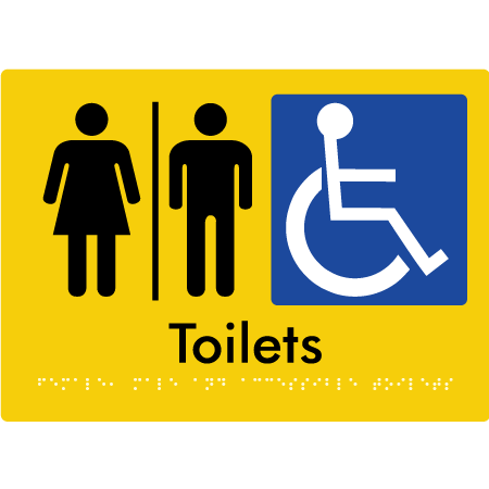 Braille Sign Female, Male & Accessible Toilets With Air Lock - Braille Tactile Signs Aust. - BTS407-AL-yel - Custom Signs - Fast Shipping - High Quality - Australian Made & Owned