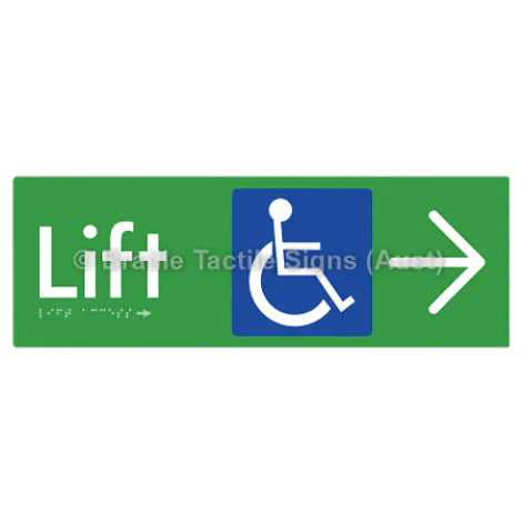 Braille Sign Lift Access w/ Large Arrow - Braille Tactile Signs (Aust) - BTS174->R-grn - Fully Custom Signs - Fast Shipping - High Quality - Australian Made & Owned