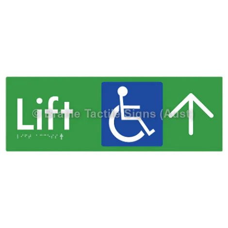 Braille Sign Lift Access w/ Large Arrow - Braille Tactile Signs (Aust) - BTS174->U-grn - Fully Custom Signs - Fast Shipping - High Quality - Australian Made & Owned