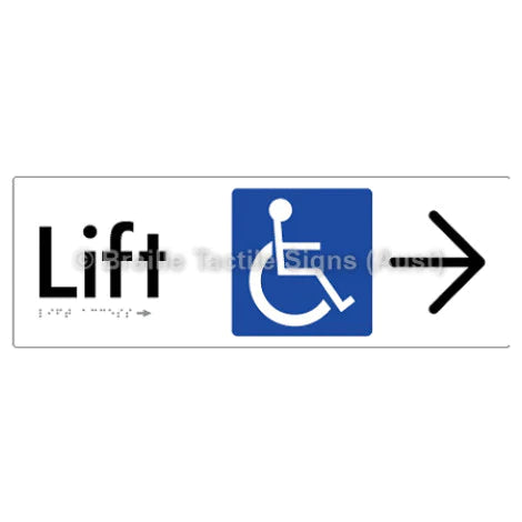 Braille Sign Lift Access w/ Large Arrow - Braille Tactile Signs (Aust) - BTS174->R-wht - Fully Custom Signs - Fast Shipping - High Quality - Australian Made & Owned