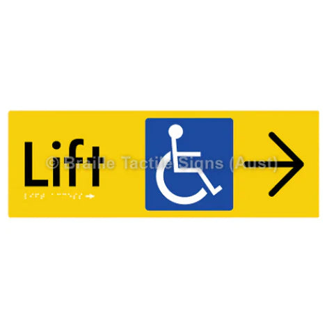Braille Sign Lift Access w/ Large Arrow - Braille Tactile Signs (Aust) - BTS174->R-yel - Fully Custom Signs - Fast Shipping - High Quality - Australian Made & Owned